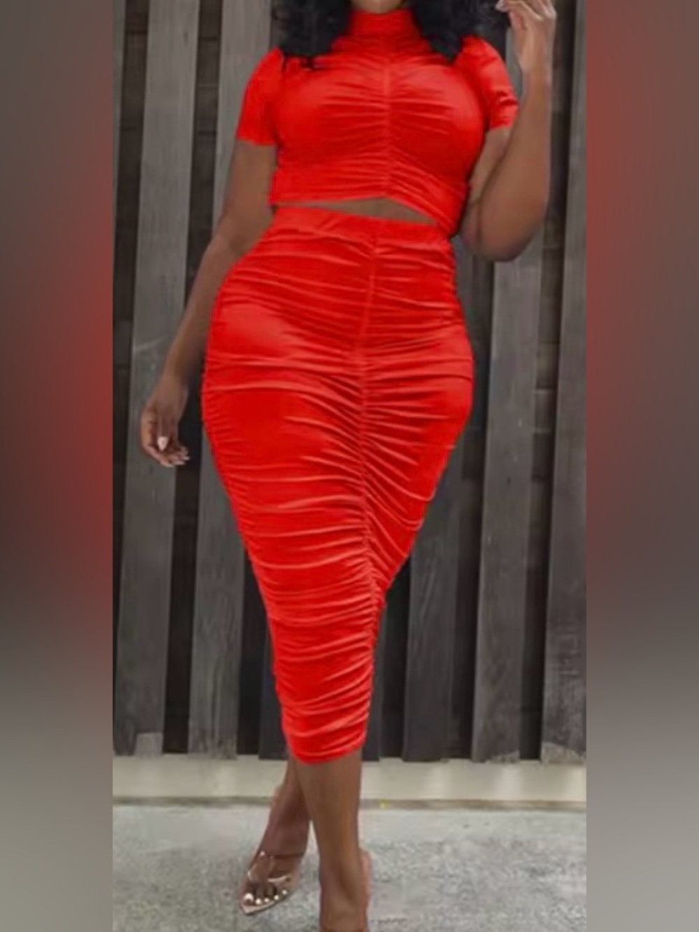 NWOT Akaily Red Velvet Ruched Crop Top Midi Skirt Set XXL